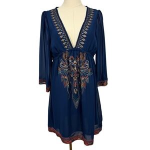 Bohemian Embroidered Sheer Sleeve Dress Sz M Navy Blue Babydoll V-Neck Beachy
